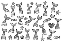 Set of mermaid tails, fishes, starfishes, shells silhouettes. Hand drawn contour marine elements. Vector illustrations isolated on white background.