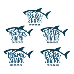 Mama, papa, baby, brother, sister sharks. Hand drawn typography phrases with shark silhouettes. Family collection. Birthday t-shirt designs. Vector illustration isolated on white background.
