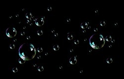 BUBBLES ISOLATED ON BLACK BACKGROUND. Rainbow soap bubbles on a black background. bubbles overlay. Realistic soap bubbles. Flying transparent water bubble.