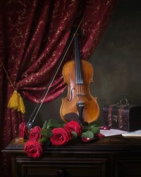 Still life with violin and red roses