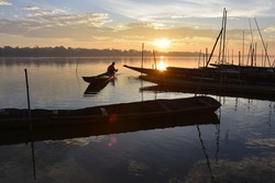 Mekong early morning,villager prepare boat to fishing , Nakhon Phanom Thailand , Border Thailand and Lao