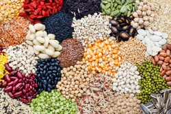 Variety of natural cereal food consisted of soybean,rice,goji berry,sesame,pumpkin,watermelon,sunflower seed,black eye pea,mung,peanut,flax seed,corn,pinto,garbanzo,black,gree,and  red bean seed