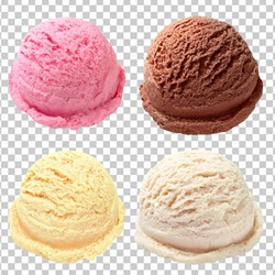 Vanilla, strawberry, chocolate, yellow ice cream scoops from top view isolated on checkered background