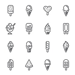 Ice cream vector thin line icons set. Icecream scoops in waffle cones linear illustrations pack. Italian gelato, frozen juice, sundae with topping and cherry. Cold dairy desserts assortment pictograms
