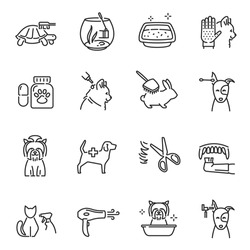Collection of pet care line icon vector illustration. Set of different lineart veterinary sign with domestic animals reptiles and fishes grooming washing medicine isolated on white background