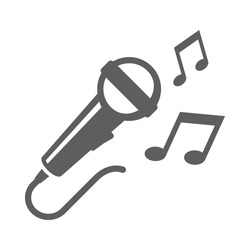 Monochrome microphone with notes line icon vector illustration. Linear simple logo sound acoustic loud speaking karaoke stage singer concert isolated. Classic audio instrument art entertainment