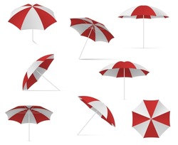 Red striped beach umbrella collection realistic vector illustration. Traditional seaside sunlight protection accessory different sides isolated. Vacation sunshade outdoor travel tourism leisure