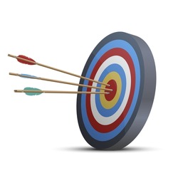 Target with three arrows in bullseye realistic vector illustration. Business ambition efficiency management aim achievement success strategy aspirations. Darts game playing win hit archery destination