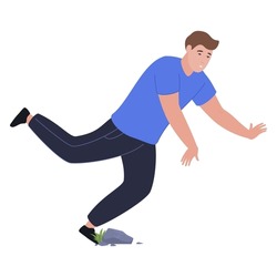 Falling down man tripped on stone vector flat illustration. Male tripping crash hitting leg outdoor pain risk crisis. Dangerous attention moving injury accident beware careful fail caution character