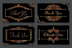 Thank you greeting card golden antique calligraphy template set vector illustration. Gratitude appreciation thankful message classic luxury ornate. Thanksgiving words quote lettering vintage design