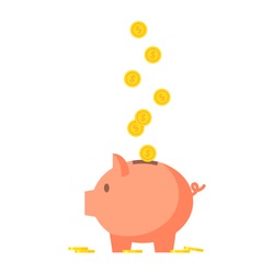 Pig piggy bank with coins vector illustration in flat style. The concept of saving or save money or open a bank deposit. The idea of an icon of investments in the form of a toy pig piggy bank. 