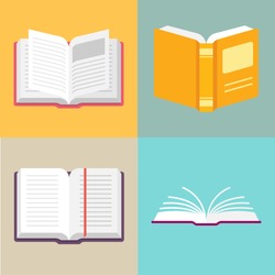 Open book vector icons in a flat style. Study and knowledge, library and education, science and literature. Isolated open books in various positions.