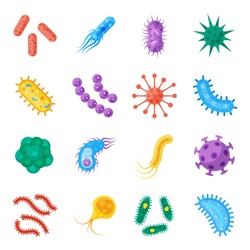 Bacteria and germs colorful set, micro-organisms disease-causing objects, different types, bacteria, viruses, fungi, protozoa. Vector flat style cartoon illustration isolated on white background