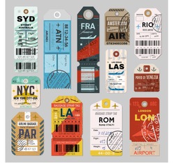Baggage tag set, checks or luggage ticket for passenger on final destination. Bus, train, and airline trip. Vector flat style illustration isolated on grey background