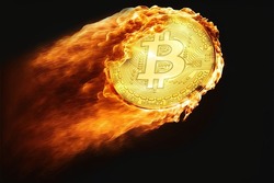 bitcoin crypto-currency with B symbol on fire flying high. Isolated on BLACK background. Crypto asset for the futuristic virtual gold. Bullish Bitcoin hits all-time high new record. Photo composition