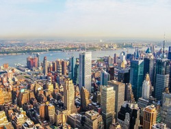 New York City Manhattan Skyline, helicopter flight view.  United States