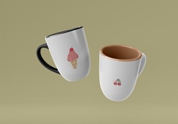 2 pairs of cute mugs with pictures of ice cream and cherries