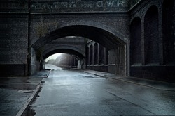 Edwardian Victorian Industrial Street scene, viaduct and bridge, wet streets after rain, street scene foe background