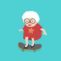 old woman with skateboard