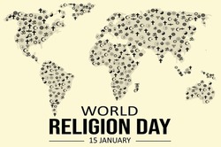 World Religion day on 15 January wallpaper with map and religious signs, International day of religion