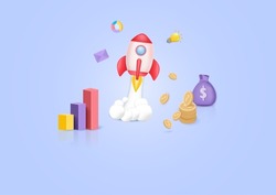 Startup concept 3d illustration. Icon composition on growth bar graph business startup concept. with rocket launch, money coins and graphics. Market analysis, 3D rendering illustration concept