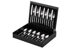 Set of silver cutlery in the box on an isolated white background. Gift wrapped forks, knives and spoons