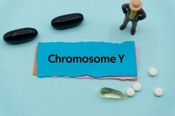 Chromosome Y.The word is written on a slip of colored paper. health terms, health care words, medical terminology. wellness Buzzwords. disease acronyms.