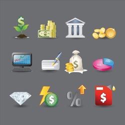 Collection of icons of diamonds, gold, money, shares, payment, credit. Set of Vector Linear Icons Related to investment strategies, trading services, financial management.