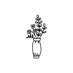 Cute flowers and twigs in ceramic vase isolated on white background. Vector handdrawn illustration in doodle style. Perfect for cards, decorations, logo.