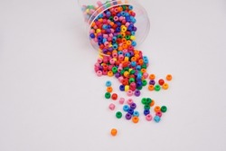 dropped glass jar full of Multi Colored pony beads Bracelet Beads for Hair Beads for Kids Crafts Rainbow Hair Beads                                               