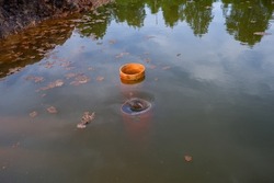 Pond water drains made of plastic pipes