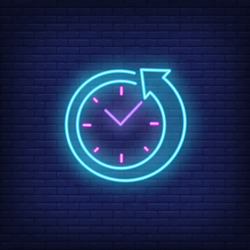 Clock with arrow neon sign. Round clock service advertisement design. Night bright neon sign, colorful billboard, light banner. Vector illustration in neon style.