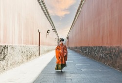 Women in classical Chinese costumes in the Forbidden City