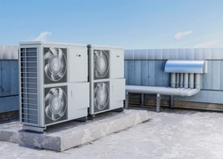 Condenser unit or compressor on roof of industrial plant building with sky background. Unit of central air conditioner (AC) or heating ventilation air conditioning system (HVAC). Pump and fan inside.