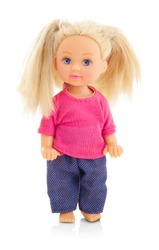 little plastic doll, baby girl. Little blonde doll with blue eyes on white bg. Isolated on white background with shadow reflection. With red shirt and checkered pants.