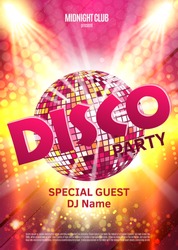Disco party poster. Background party with disco ball.