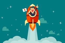Happy businessman with number one flag on a rocket ship launching to starry sky. Start up business concept.