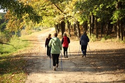 Sports walking with sticks. Women of age are engaged in Nordic walking in nature.