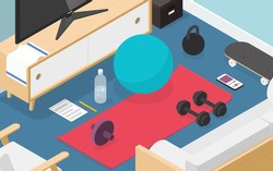 Vector isometric home workout illustration. Sport equipment on living room floor - mat, exercise ball, ab wheel, weights, towel and bottle of water.