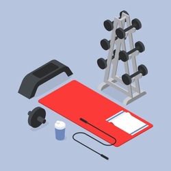Isometric gym vector concept illustration. Fitness sport equipment. Bodybuilding tools ab wheel, step platform, gymnastic mat, dumbbells for physical activity. Healthy lifestyle, weight loss.