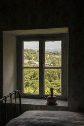 Looking out window with old thick imperfect glass of old country home with iron bedstead and chenille bedspread an pottery water bottle to Georgian - Caucasus village landscape