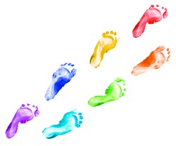 Rainbow foot prints kid set isolated on white background for art education, top view.