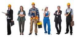 Collection of portraits of construction industry workers. Design element, studio isolated on white background