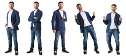 Set of mid adult businessman full length portraits doing different gestures studio isolated on white background