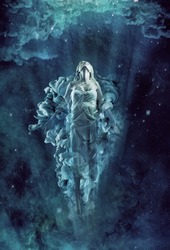 We are all made of stardust. Illustration of a ethereal woman floating in the night sky.