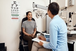 Is this the first eye test youve had. Shot of a young woman having an eye exam by an optometrist.