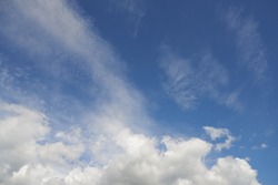 Below view of clouds with copy space in a blue sky during summer. Low angle of a nature background, copyspace, cumulus clouds and sunshine. Enjoying a beautiful afternoon and day outside in fresh air