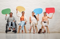 Blank copyspace and speech bubble for a social media post, communication and talking in the hands of business women sitting in studio. Card or board for text, speech or marketing and advertising
