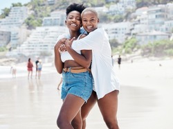 Portrait of happy friends on beach travel vacation, holiday or spring break to tropical island paradise. Black women on a girls trip to the sea or ocean for summer, sun and relax at water seaside