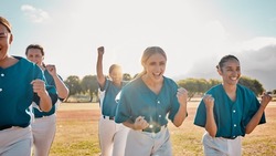 Happy, baseball women team and winner with success fitness team, winning and celebration together after sports game. Teamwork, smile and softball girls on field celebrating sport tournament victory.